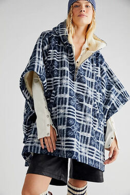 NWT Free People Miss You Hooded Poncho SLOUCHY Plaid OVERSIZED M/L Carbon